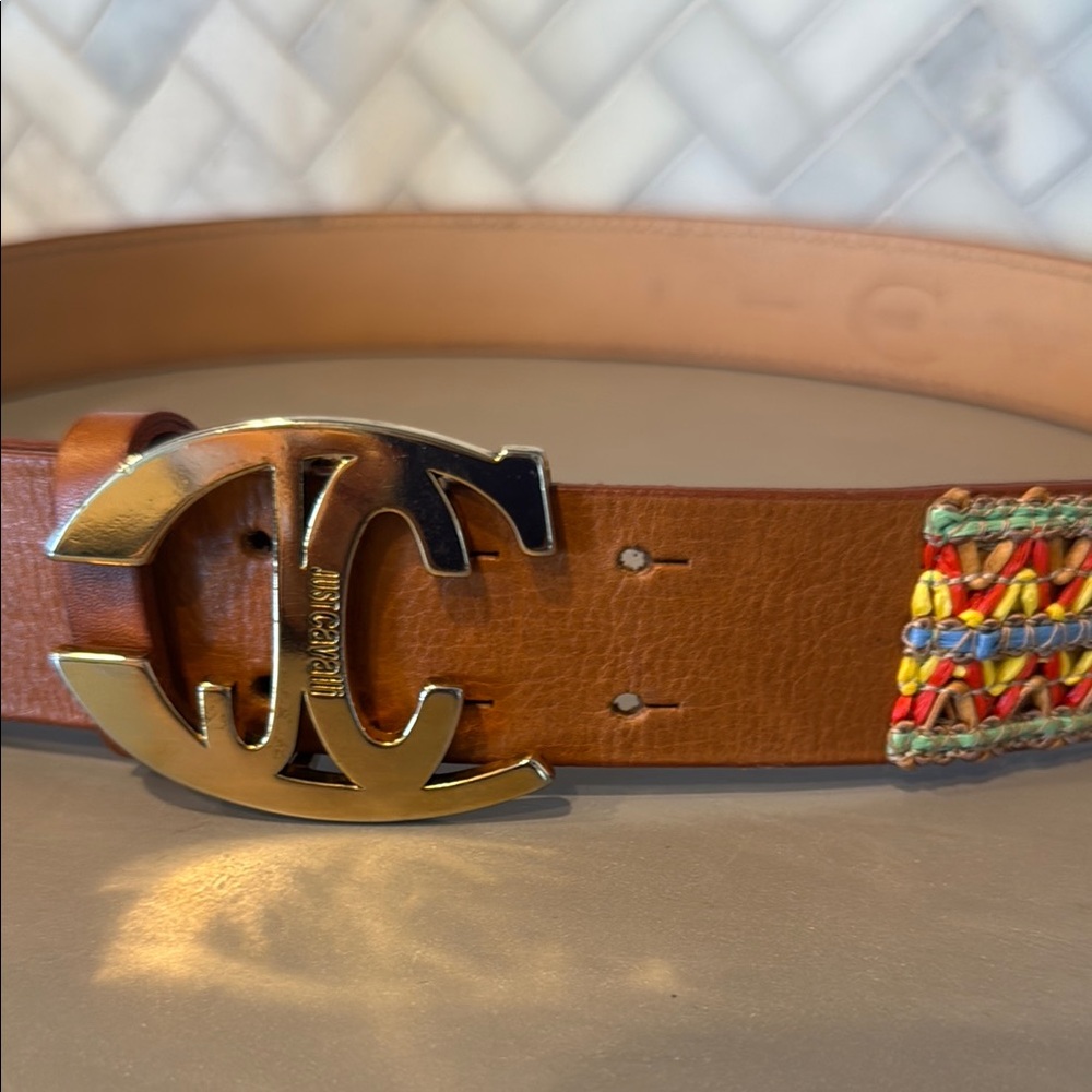 Just Cavalli Raffia Summer Tan Leather Belt with Gold Accents